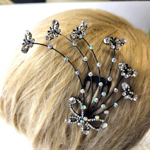 Crystal Studded Butterfly Hair Comb Wedding HairComb Bridal HairClip - Picture 2 of 10